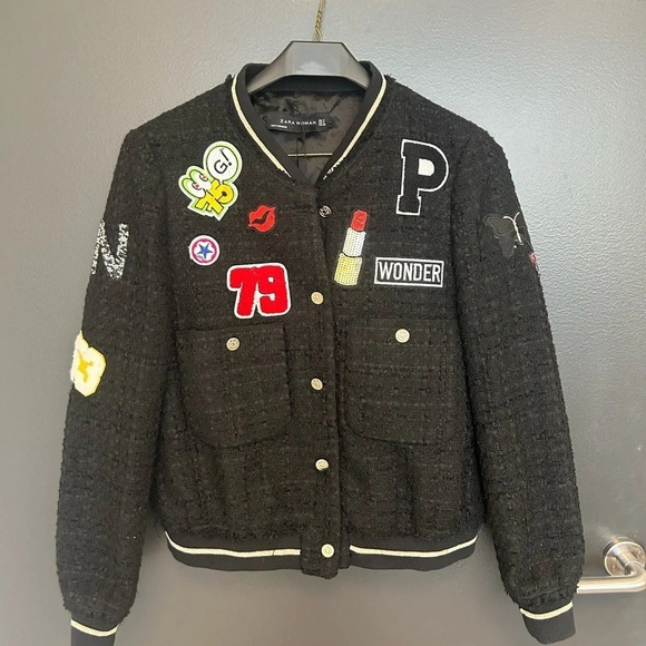 Zara NWT varsity patched jacket size M super cute! Blazer/jacket  mix - Picture 7 of 12